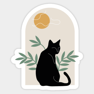 Вoho minimalist black cat with plants and sun Sticker